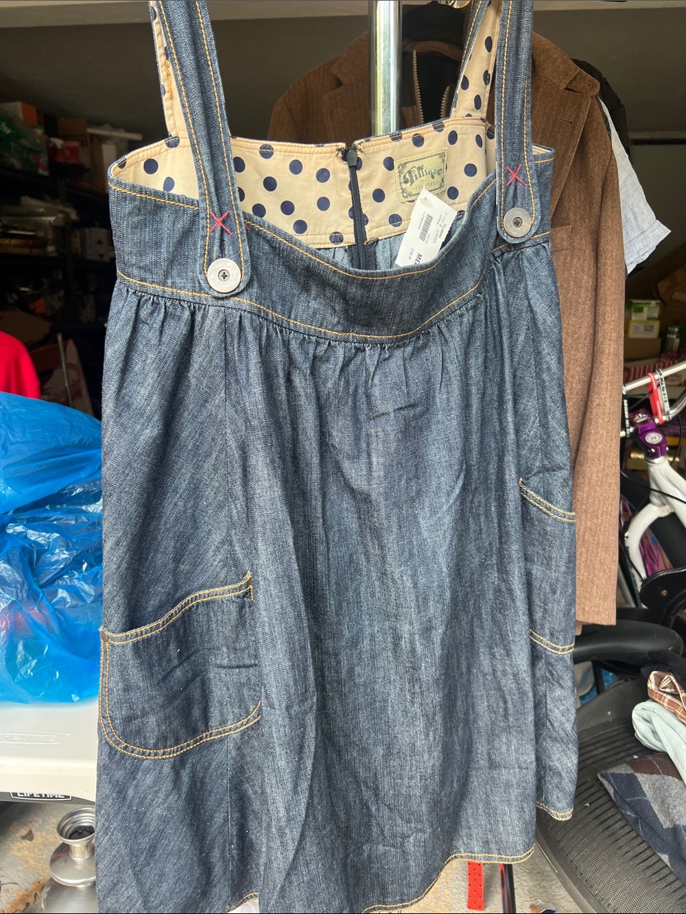 Fillmore  Denim Pinafore Skirt with Polka Dot Lining - Blue